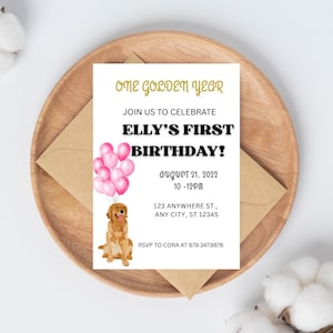 One Golden Year Birthday Invitation • Puppy Dog First Birthday Girl • Golden Retriever Birthday Invite • Pink Balloons • Editable Printable