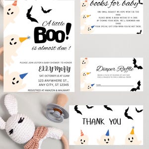 Zestaw zaproszeń na baby shower A Little Boo | Edytowalny zestaw Canva na halloweenowy baby shower | Zaproszenie z motywem ducha, losowanie, książki, podziękowania