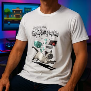 Könnte beinhalten: Weißes T-Shirt mit einem grafischen Design, das eine Cartoon-Siamesische Katze zeigt, die vor einem verschütteten Trank, einem Computer mit einer Fehlermeldung und dem Text "Forgot the; CATastrophe" davonläuft.