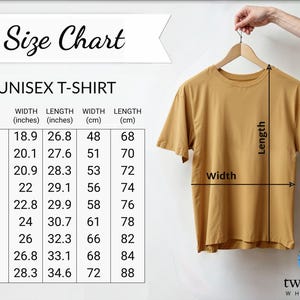 a size chart for a unisex t-shirt, with measurements and corresponding sizes listed.