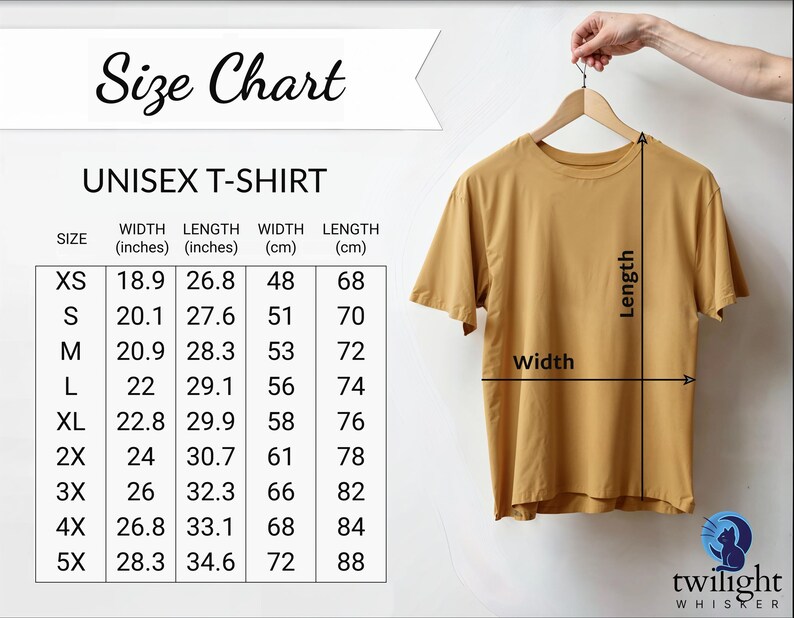 a size chart for a unisex t-shirt, with measurements and corresponding sizes listed.