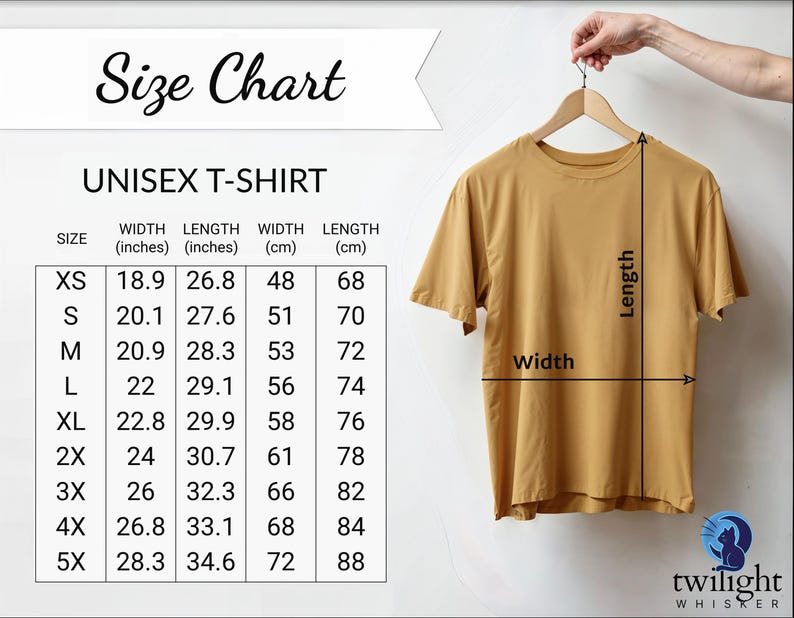 a size chart for a unisex t-shirt, with measurements and corresponding sizes listed.