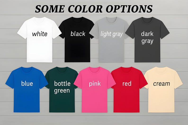 a collection of t-shirts in various colors, including white, black, light gray, dark gray, blue, green, pink, red, and cream.