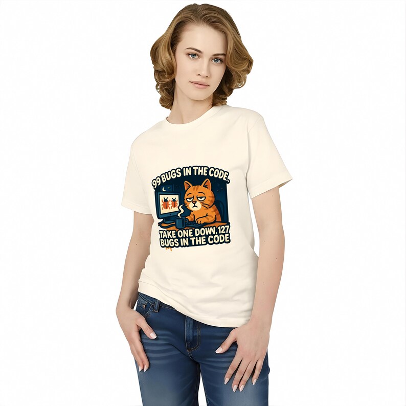 A woman wearing a white t-shirt with a graphic design and text printed on it.