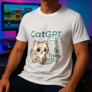 Puede incluir: Camiseta blanca con el texto "CatGPT" y un gato de dibujos animados usando una computadora portátil. El gato es de color marrón claro con detalles en negro. La camiseta también tiene el texto "thinking..." e "Is Typing.." en una burbuja.