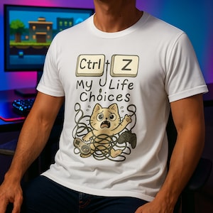 Op de afbeelding: Wit t-shirt met een humoristische afbeelding. Het toont een kat verstrikt in draden, met gamecontrollers in zijn handen. De tekst luidt "Ctrl Z My Life Choices" in een speels lettertype, met toetsenbordtoetsen erboven.