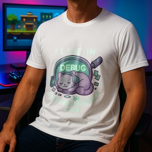 Peut inclure: T-shirt blanc avec un chat de dessin animé portant un casque audio à l'intérieur d'une loupe, avec le texte "I LIVE IN DEBUG THE DEBUGGER NOW". Le chat est violet et gris. Le t-shirt est à col rond.