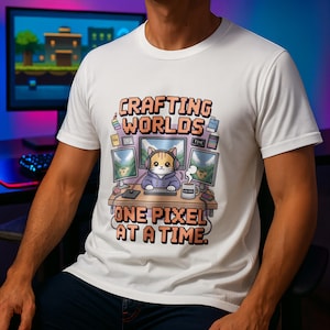 May include: White t-shirt with a cartoon cat graphic. The cat is wearing headphones and a hoodie, and is sat at a desk with computer monitors. The text "CRAFTING WORLDS ONE PIXEL AT A TIME" is printed above and below the cat.