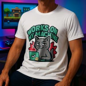 Può includere: T-shirt bianca con un gatto dei cartoni animati che lavora su un laptop. Il gatto grigio ha un'espressione compiaciuta. Il testo "WORKS ON MY MACHINE" è stampato sopra il gatto in verde e bianco. Lo schermo del laptop mostra un segno di spunta e "ok".