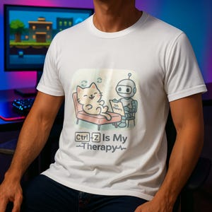 Puede incluir: Camiseta blanca con un gato de dibujos animados en un sofá rosa y un robot con un bloc de notas que dice "Git History". El texto "Ctrl+Z Is My Therapy" está debajo de la imagen. La camiseta es para uso casual.