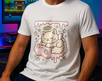 Koszulka Kawaii – uroczy wzór z truskawkowym kotkiem, modny top w stylu Harajuku, pastelowa estetyka, idealny prezent w stylu anime