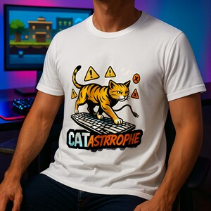 Peut inclure: T-shirt blanc avec un motif de chat de dessin animé. Le chat orange et noir marche sur un clavier, entouré de symboles d'avertissement. Le mot "CATASRRROPHE" est imprimé en dessous. Le t-shirt est en matière souple.
