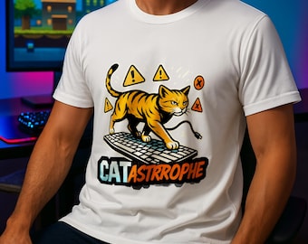 Camiseta de código divertida: chiste de programador, gato adorable en el teclado, regalo de administrador de sistemas, cumpleaños de programador, iconos de advertencia