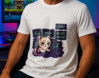 Camiseta de algodón de gato programador: Error de confirmación de Git, regalo otaku de anime