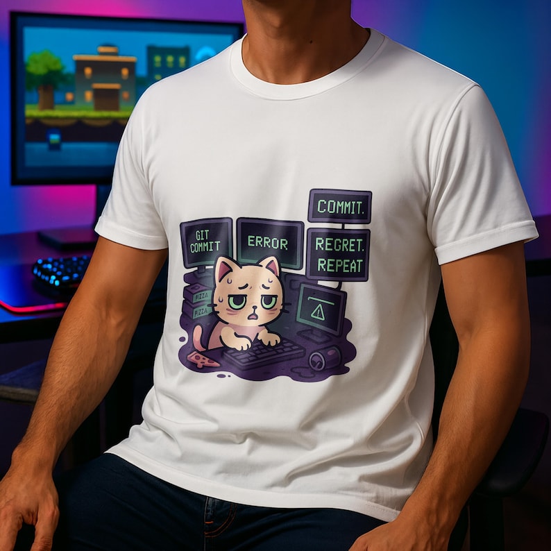 A person wearing a white t-shirt with a cartoon cat sitting at a computer, surrounded by error messages and a keyboard.