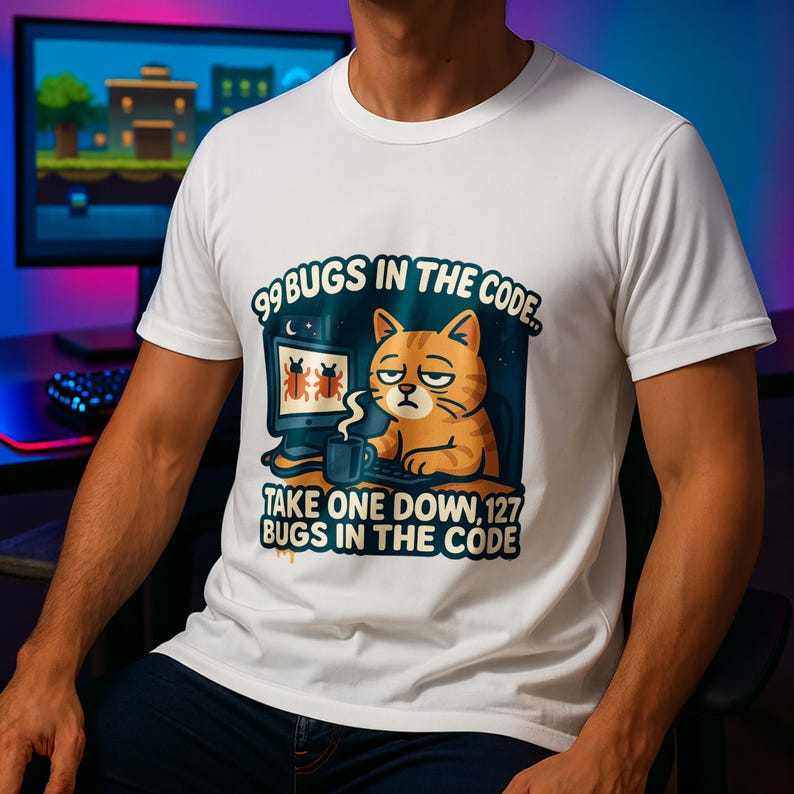 A person wearing a white t-shirt with a graphic design depicting a cat with a computer monitor and the text "99 BUGS IN THE CODE. TAKE ONE DOWN, 127 BUGS IN THE CODE" printed on it.