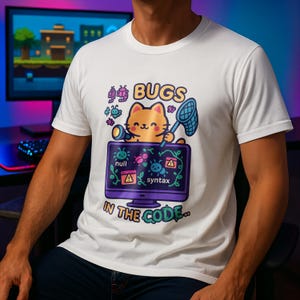 May include: White t-shirt with a colorful graphic featuring a cartoon cat holding a magnifying glass and a net, with the words "BUGS IN THE CODE." The design includes a computer screen with the words "null" and "syntax."