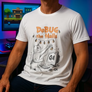 Peut inclure: T-shirt blanc avec un dessin d'un chat déboguant un ordinateur. Le texte "DeBUG the Halls" est au-dessus du chat, avec des insectes suspendus comme des guirlandes lumineuses. L'écran de l'ordinateur affiche "QA".