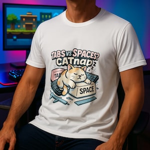 Maglietta regalo per sviluppatori di giochi, divertente parodia umoristica di programmazione, fan art, sviluppo di schede contro spazi, gatto con barra spaziatrice