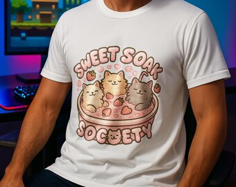 Kawaii Bath Cats – Koszulka z Truskawkowym Kotem, Styl Harajuku, Pastelowy Prezent dla Miłośników Kotów, Koszulka z Uroczym Zwierzątkiem, Przytulny Styl Anime