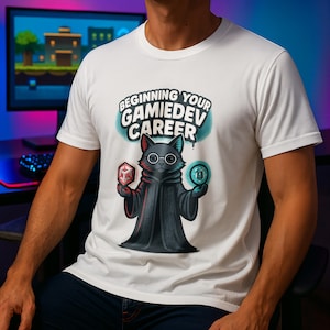 May include: White t-shirt featuring the text "Beginning Your GameDev Career" above a cartoon cat in glasses and a robe, holding a red gem and a blue orb. The cat graphic is the main design element.