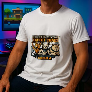 May include: White t-shirt with a graphic of three cats at a computer. Text reads "WORKING ON MULTIPLAYER: EXPECT CHAOS SQUAD A". The cats are orange, grey, and tan. The shirt has a crew neck and short sleeves.