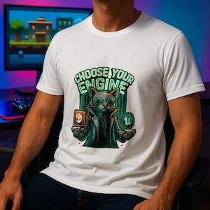 May include: White t-shirt with a cartoon cat in glasses and a coat, holding game engine icons. The text "CHOOSE YOUR ENGINE" is above the cat. The design uses green and black shades.
