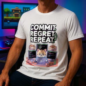 Può includere: T-shirt bianco con la scritta "COMMIT. REGRET. REPEAT." sopra un gatto dei cartoni animati che lavora su un laptop. Il gatto è circondato da pizza e caffè. La maglietta è girocollo.