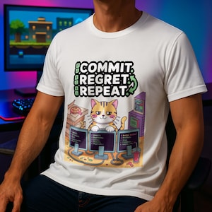 Könnte beinhalten: Weißes T-Shirt mit einem Cartoon-Kater vor Computerbildschirmen. Der Text auf dem Shirt lautet "COMMIT, REGRET, REPEAT". Die Katze ist orange und gelb.