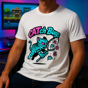 Può includere: T-shirt bianca con un disegno di un gatto dei cartoni animati. Il gatto è turchese e nero, che cattura insetti con una rete. Il testo "CATCH Bugs" è sopra il gatto in rosa e turchese.