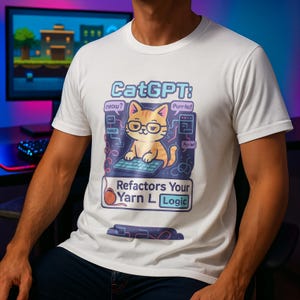 May include: White t-shirt with a cartoon cat design, wearing glasses and typing on a keyboard. The shirt features the text "CatGPT: Refactors Your Yarn L Logic" with speech bubbles. The design uses orange, blue, and purple.