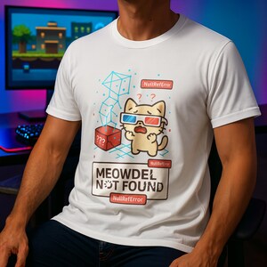 Peut inclure: T-shirt blanc avec un chat de dessin animé portant des lunettes 3D, avec le texte "MEOWDEL NOT FOUND" et des étiquettes "NullRefError". Le design comprend une boîte rouge avec des points d'interrogation et des formes géométriques.