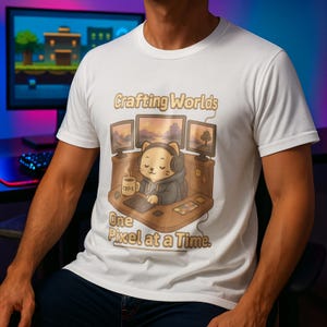 Pode incluir: Camiseta branca com um gato de desenho animado usando fones de ouvido e um capuz, sentado em uma mesa com monitores de computador. O texto "Crafting Worlds" e "One Pixel at a Time" está impresso acima e abaixo da ilustração do gato.