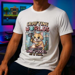 Op de afbeelding: Wit T-shirt met een pixelkat die een hamer vasthoudt. De tekst luidt "Crafting Worlds One Pixel at a Time". Het ontwerp bevat een wereldbol en een pixelachtige achtergrond. Ronde hals.