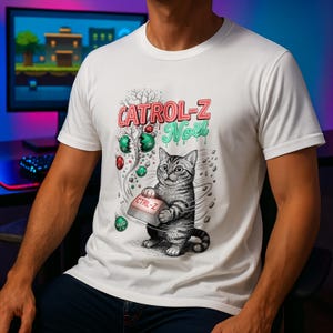 May include: White t-shirt featuring a cartoon cat holding a "CTRL-Z" key. The design includes the text "CATROL-Z Noel" in red and green, with decorative ornaments. The cat is gray and white, with a detailed illustration style.