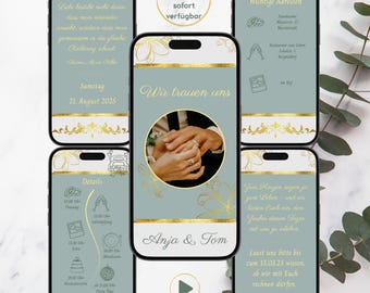 May include: A digital wedding invitation design displayed on a smartphone screen. The design features a teal background with gold floral accents and the text "Wir trauen uns." The invitation includes event details and the names Anja & Tom.