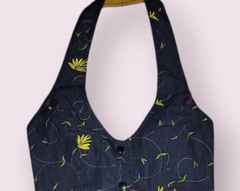 Chaleco halter de mezclilla con bordado floral: mini top corto personalizado