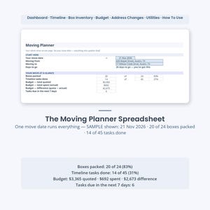 Moving spreadsheet, Google Sheets & Excel budget tracker with searchable box inventory and timeline