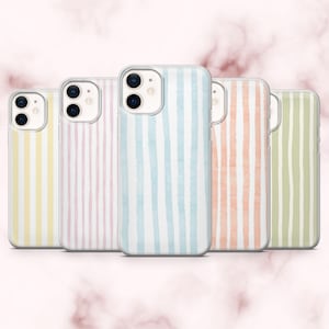 May include: Five phone cases with vertical watercolour stripes in pastel shades: yellow, pink, light blue, peach, and green. The cases have a clear border and a camera cutout.