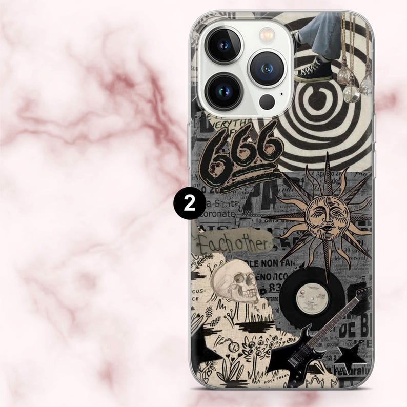 May include: A clear phone case with a collage design. The design includes the number "666", a skull, a sun with a face, a black guitar, and the words "Each other". The case has a marble background.