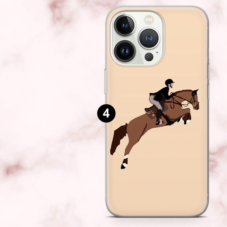 May include: A phone case with a brown horse and rider illustration. The horse is jumping over an obstacle. The rider is wearing black. The case has a light tan background and a clear border.