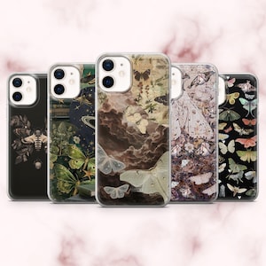May include: A collection of five phone cases with various butterfly and moth designs. The cases feature a range of colors, including black, green, brown, and cream, with detailed illustrations of insects and floral elements. Each case has a clear border.
