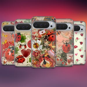 May include: A collection of five phone cases with various designs featuring ladybugs, flowers, and vintage elements. The cases showcase a mix of red, white, and green colors, with some cases including hearts and butterflies.