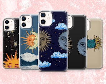 Funda de teléfono Sol y Luna con diseño cósmico celestial para iPhone 16, 15, 14, 13, 12, 11, Samsung S25, S24F, S23, A16, A56, Pixel 9A, 9Pro XL, 8A, 8Pro