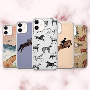 May include: A selection of phone cases showcasing equestrian designs. The cases display illustrations of horses in different actions, such as jumping and galloping. The color scheme includes brown, black, and white, set against a light pink backdrop.