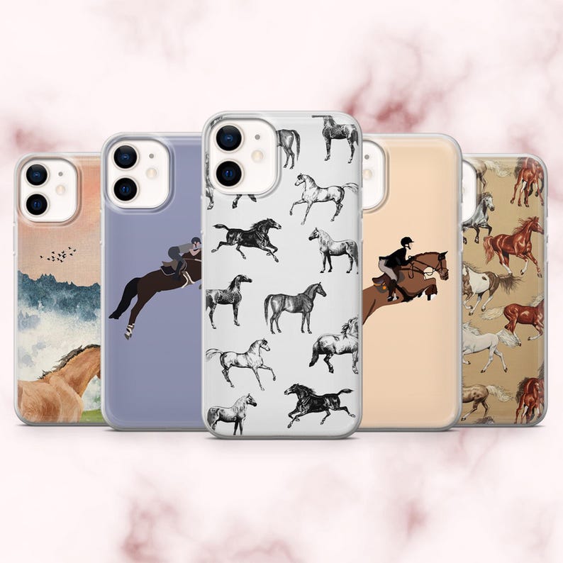 May include: A selection of phone cases showcasing equestrian designs. The cases display illustrations of horses in different actions, such as jumping and galloping. The color scheme includes brown, black, and white, set against a light pink backdrop.