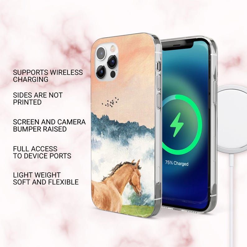 May include: A phone case with a watercolour design featuring a brown horse, blue mountains, and a peach-coloured sky. The case is shown next to a phone with a charging symbol. Text on the case reads: Supports Wireless Charging, Sides Are Not Printed, Screen and Camera Bumper Raised, Full Access to Device Ports, Light Weight Soft and Flexible.