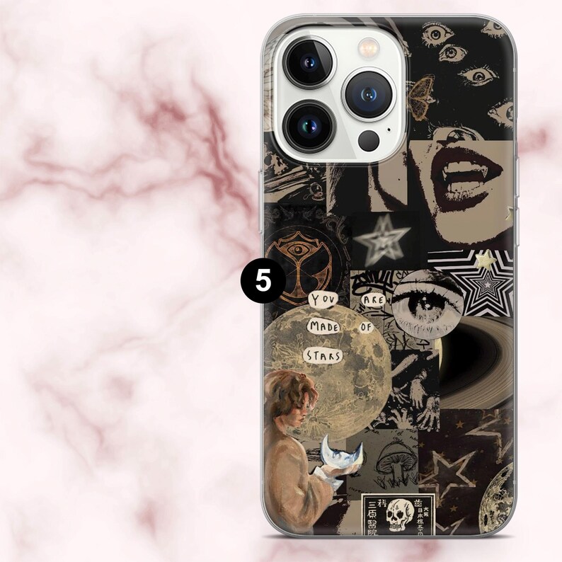 May include: A clear phone case with a collage design featuring eyes, a butterfly, a screaming mouth, stars, a moon, and the text "YOU ARE MADE OF STARS." The number 5 is in a black circle.