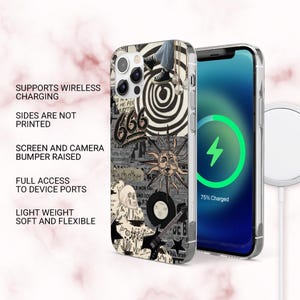 May include: A clear phone case with a black and white graphic design featuring a spiral, the number 666, a sun face, a skull, and a guitar. The phone case is shown with a phone that is charging wirelessly.