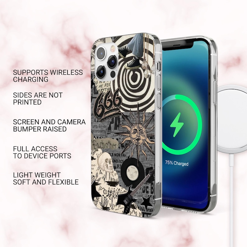 May include: A clear phone case with a black and white graphic design featuring a spiral, the number 666, a sun face, a skull, and a guitar. The phone case is shown with a phone that is charging wirelessly.